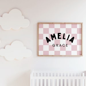 Pink Personalized Name Sign Downloadable Print, Nursery Name Decor, Kids Room, Checkerboard Neutral Wall Decor, Kids Wall Art, Printable