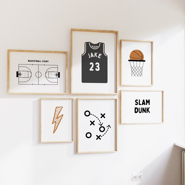 Personalized Name Basketball Modern Gallery Wall Set of 6 Downloadable Prints, Sport Boy Nursery Decor, Quote Play Wall Art, Printable B&W