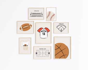 Personalized Sport Art Prints: Boy's Room Decor, Set of 8 (Digital Download)