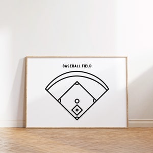Op de afbeelding: Een zwart-witte lijntekening van een honkbalveld met de tekst "BASEBALL FIELD" bovenaan de afbeelding.