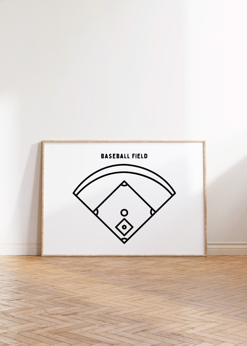Op de afbeelding: Een zwart-witte lijntekening van een honkbalveld met de tekst "BASEBALL FIELD" bovenaan de afbeelding.