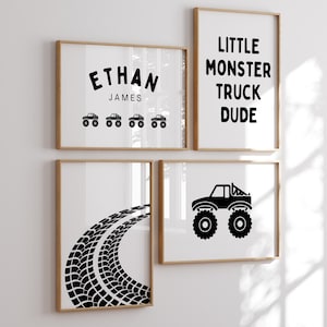 Monster Truck Print Custom Name Set of 4, Dirt Bike Poster, Transportation Art, Printable Wall Art, Boys Bedroom Decor, Digital Download