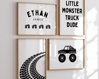 Monster Truck Print Custom Name Set of 4, Dirt Bike Poster, Transportation Art, Printable Wall Art, Boys Bedroom Decor, Digital Download