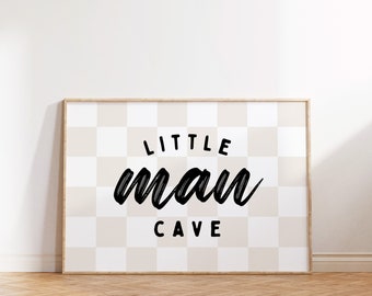 Little Man Cave-print: geelbruin geruite kinderkamerdecoratie (digitale download)