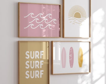 Retro Surf Prints Set of 4, Neutral Pink Blush Boho Decor, Surfer Girl, Beachy Toddler & Kids Art. Little Surfer Girl, Gallery Wall art