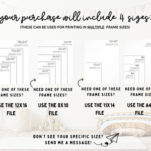 May include: Image showing print size options for artwork, including 18x24 inches (46x61 cm), 15x20 inches (38x51 cm), 12x16 inches (30x41 cm), and 9x12 inches (23x30 cm). The text indicates the purchase includes four sizes, suitable for multiple frame sizes.