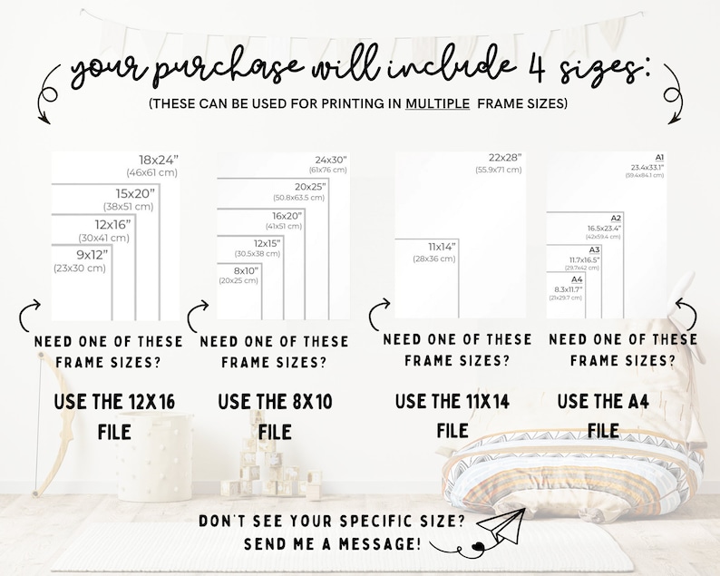 May include: Image showing print size options for artwork, including 18x24 inches (46x61 cm), 15x20 inches (38x51 cm), 12x16 inches (30x41 cm), and 9x12 inches (23x30 cm). The text indicates the purchase includes four sizes, suitable for multiple frame sizes.