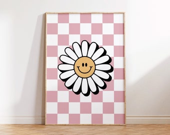 Retro Daisy Smile Face Print, Checkerboard Daisy Wall art, Girl Boho Nursery Decor, Kids Room, Playroom Wall Decor, Downloadable print