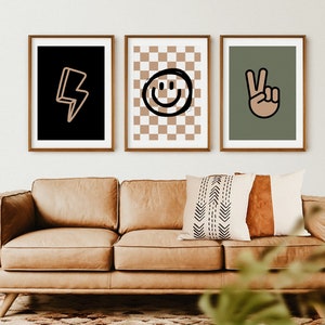 Decoración para habitación de niño, juego de 3 impresiones de Rad Little Dude, cara sonriente retro, decoración infantil para habitación infantil neutra, arte de pared con frases lúdicas.