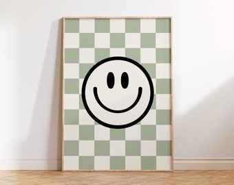 Checkerboard Smile Face Print: Retro Moss & Tan (Digital Download)