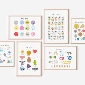 May include: A collection of framed educational prints for children. The prints feature colorful illustrations of feelings, letters, ocean animals, colors, numbers, and the solar system. Each print has a white background and is framed in a light wood.