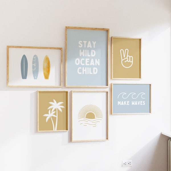 Surf Retro beach Gallery Wall Set of 6 Beach Nursery Downloadable Prints, Boys Room Decor, Kids Room, Playroom Wall Art, Printable art Beach