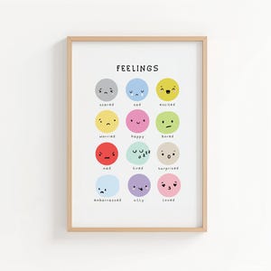 May include: A framed print titled "FEELINGS" features colorful circles, each representing an emotion with a corresponding facial expression. Emotions include scared, sad, excited, worried, happy, bored, mad, tired, surprised, embarrassed, silly, and loved.