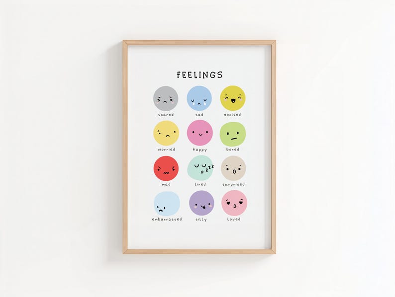 May include: A framed print titled "FEELINGS" features colorful circles, each representing an emotion with a corresponding facial expression. Emotions include scared, sad, excited, worried, happy, bored, mad, tired, surprised, embarrassed, silly, and loved.