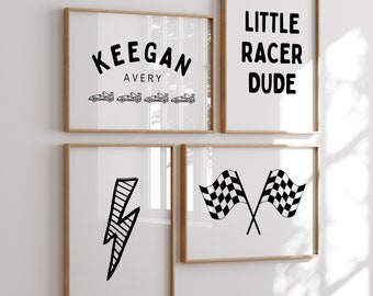 Personalized Name Race Car, Little Dude Boy Gallery Wall set, Boys Room Decor, Race Car Nursery Decor, Car Playroom Wall Art, Race Sports