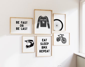 Personalized Name Bike BMX Modern Gallery Wall Set of 6 Downloadable Prints, Sport Boy Nursery Decor, Quote Play Wall Art, Printable B&W