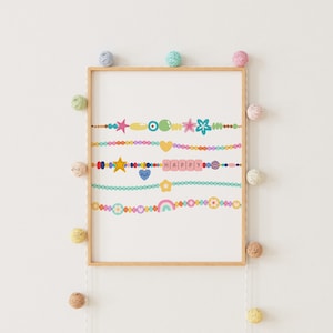 May include: A framed print featuring six colourful beaded bracelets, each with different charms and beads. The bracelets spell out the word "HAPPY" in colourful letters.