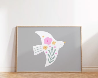 Boho Bird Print: Minimalist Floral Nursery Art (Digital Download)