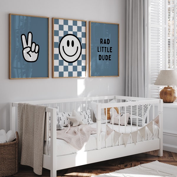 Rad Little Dude Smile Gallery Wall Set of 3 Peace sign Downloadable Prints, Boy Nursery Decor, Kids Room, Quote Play Wall Art, Printable