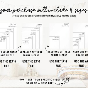 May include: A graphic showing different sizes of printable art prints, including 18x24 inches, 15x20 inches, 12x16 inches, 9x12 inches, 24x30 inches, 20x25 inches, 16x20 inches, 12x15 inches, 8x10 inches, 22x28 inches, 11x14 inches, A1, A2, A3, and A4. The text says "Your purchase will include 4 sizes: (These can be used for printing in multiple frame sizes)".