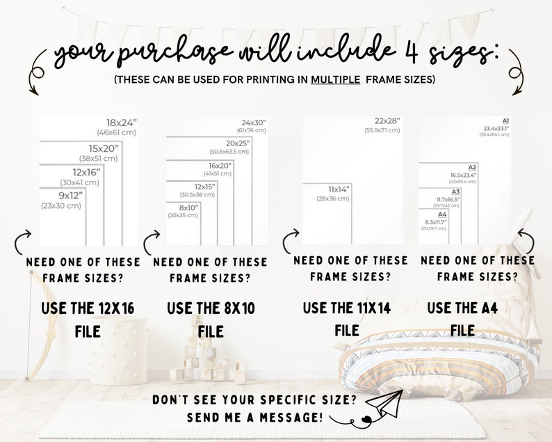 May include: A graphic showing different sizes of printable art prints, including 18x24 inches, 15x20 inches, 12x16 inches, 9x12 inches, 24x30 inches, 20x25 inches, 16x20 inches, 12x15 inches, 8x10 inches, 22x28 inches, 11x14 inches, A1, A2, A3, and A4. The text says "Your purchase will include 4 sizes: (These can be used for printing in multiple frame sizes)".