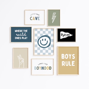 Boho Boy Nursery Wall Art Prints, Long Live Boyhood Wall Art, Smile Face Lightning Bolt Boys Rule Prints, Boy Room Playroom Decor Printable