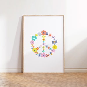 Flower Peace Sign Digital Print, Retro Nursery Decor, Neutral Playroom, Heart Peace Sign, Hippie Baby Room, Downloadable Print, Kids Room