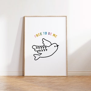 Free to Be Me Bird Print, Rainbow, Sparrow, Girl Nursery Decor, Kids Room, Play Room Wall Decor, Kids Wall Art, Minimalist Boho bird print.
