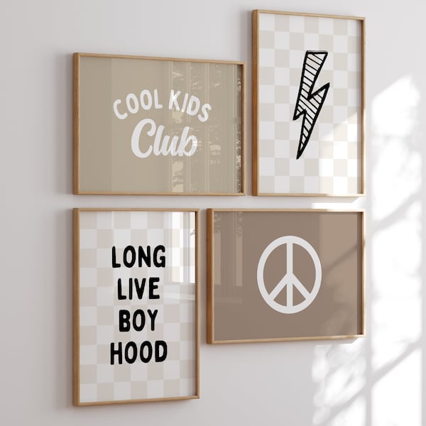 Long Live Boyhood Gallery Wall Set of 4 Downloadable Prints, Retro Smile Face, Boy Nursery Decor, Neutral Kids Room, Quote Play Wall Art