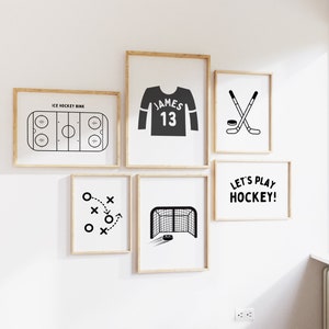 Personalisierte Name Hockey moderne Galerie Wand Set von 6 herunterladbare Drucke, Sport Junge Kinderzimmer Dekor, Zitat Spiel Wandkunst, druckbare B & W