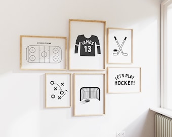 Personalized Name Hockey Modern Gallery Wall Set of 6 Downloadable Prints, Sport Boy Nursery Decor, Quote Play Wall Art, Printable B&W