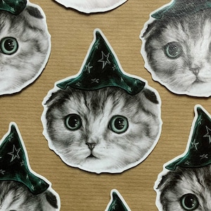Autocollant en vinyle Magic Cat - Chapeau d'étoile de sorcière mignon - Impression effrayante de Goth - Ordinateur portable Cottagecore Art Stationary - Carte-cadeau de galaxie de Noël d'anniversaire