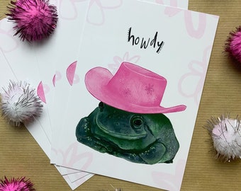 Howdy Cowboy Frog Postcard Print - art print - cute frog says howdy - Texas frog - funny frog illustration - frog gift