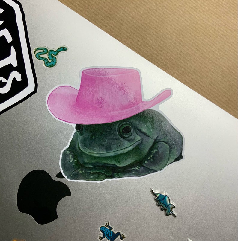 Cowboy Frog Vinyl Sticker Pink Toad Hat 