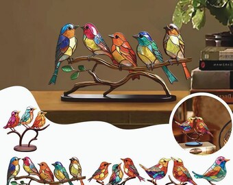 Pájaros coloridos en una rama, adorno de escritorio de pájaro de metal con decoración de pájaros, colores vibrantes, decoración de oficina única, diseño de rama de metal, accesorio de escritorio