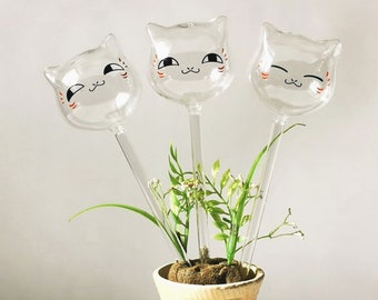 Whisker Plant Waterer, Glass Cat Cartoon Auto Water Dripper Device - Cute Plant Watering System - Self Watering Spike for Flower Garden