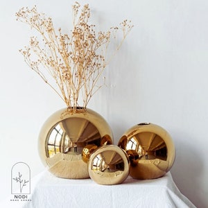 Gold Vase, Ceramic Ball Vase, Boho Luxury Vase, Boho decor, Ball Vase, Minimalist Plant Holder, Electroplated Vase, Gold Globe Ceramic Vase