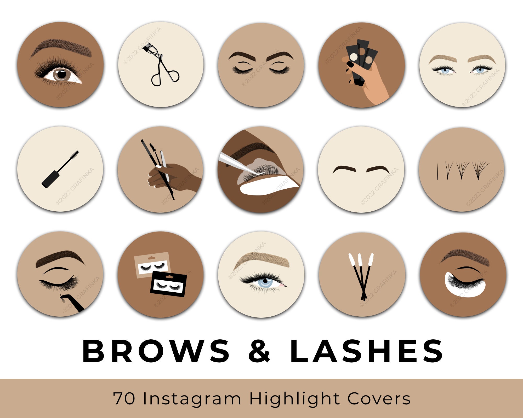 Brows & Lashes Instagram Highlight Covers, Minimalist Neutral Brown Beige Lash Brow Tech Ig Story Icon Drawing Beauty Salon Aesthetic