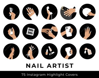 Nail Artist Instagram Highlight Covers, Black White Nail Tech Social Media Ig Story Icon Illustration, Manicure Technician Beauty Salon Art