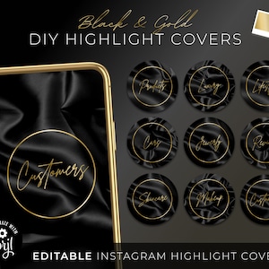 DIY Instagram Highlight Covers, bearbeitbare Black Gold Luxury Silk Story Vorlage, benutzerdefiniertes Skript Text Ig Story Icon, Beauty Fashion Business