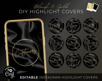 DIY Instagram Highlight Covers, Editable Black Gold Luxury Silk Story Template, Custom Script Text Ig Story Icon, Beauty Fashion Business