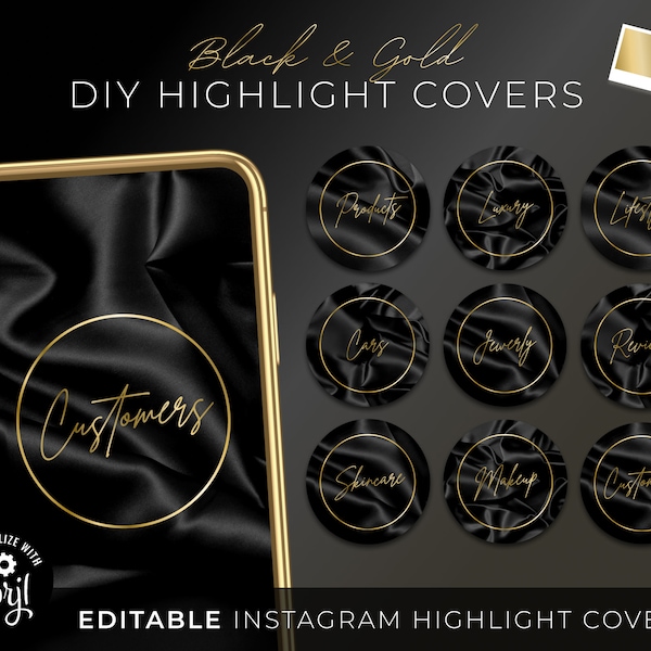 DIY Instagram Highlight Covers, Editable Black Gold Luxury Silk Story Template, Custom Script Text Ig Story Icon, Beauty Fashion Business