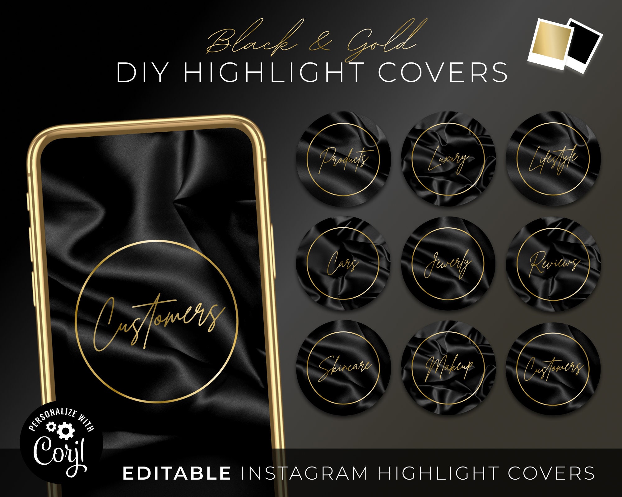 DIY Instagram Highlight Covers, Editable Black Gold Luxury Silk Story ...