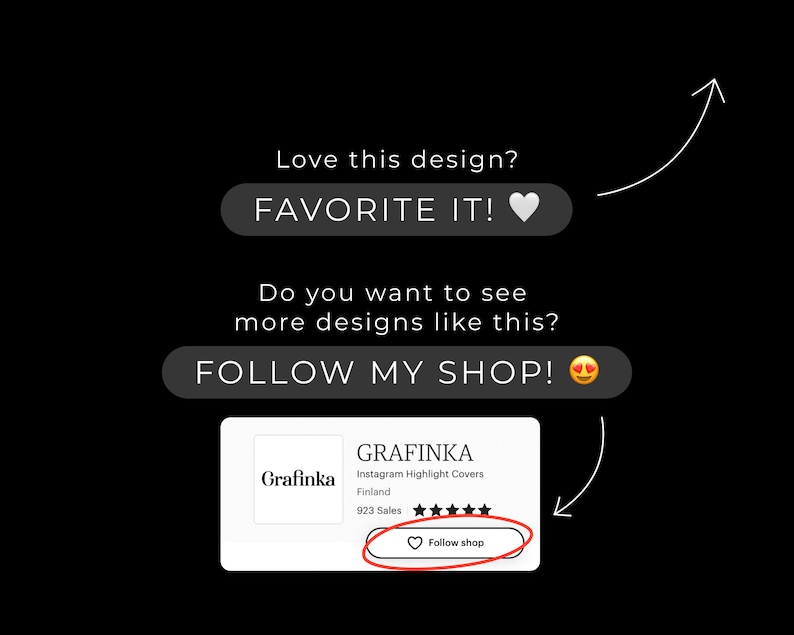 Może przedstawiać: Sklep z projektami graficznymi o nazwie Grafinka, z czerwonym przyciskiem w kształcie serca z napisem "Follow shop". Sklep ma 923 sprzedaży i ocenę pięciu gwiazdek. Tekst brzmi: "Love this design? FAVORITE IT!" i "Do you want to see more designs like this? FOLLOW MY SHOP!"