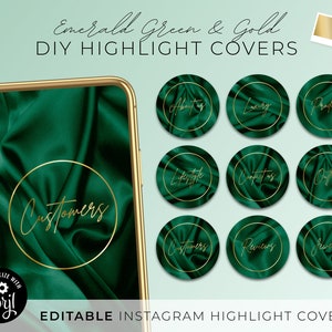 DIY Instagram Highlight Covers, Editable Dark Emerald Green Silk Story Template, Custom Luxury Gold Script Text Story Icon, Jewerly Business