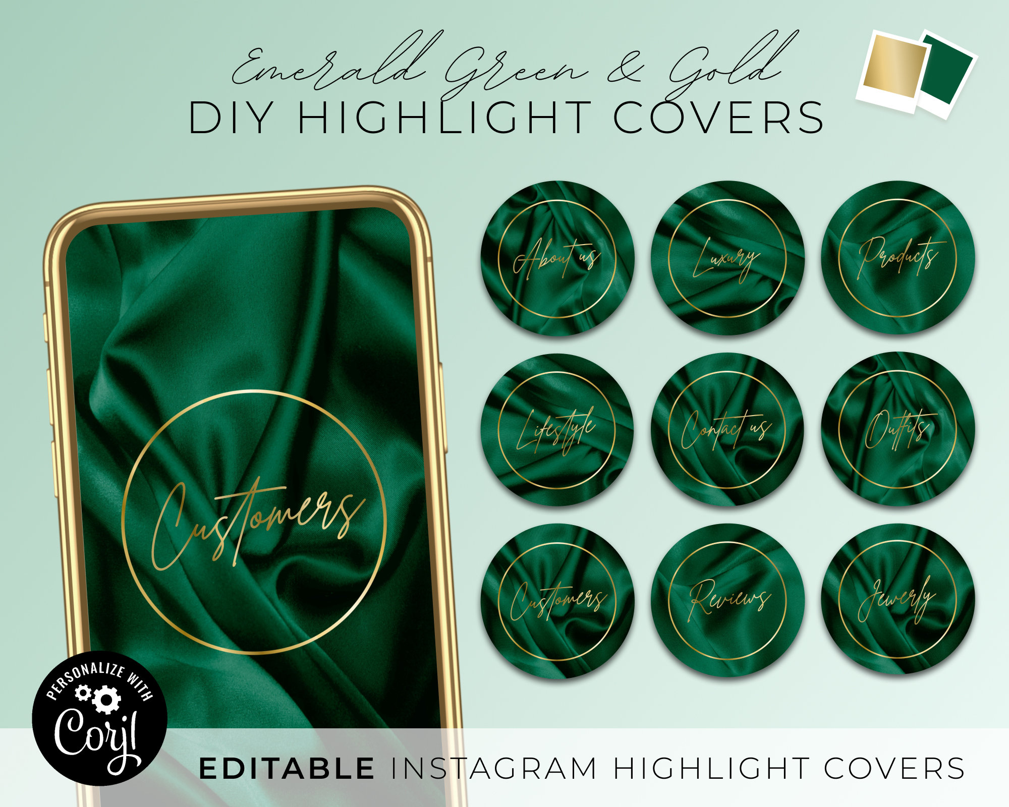 DIY Instagram Highlight Covers, Editable Dark Emerald Green Silk Story ...