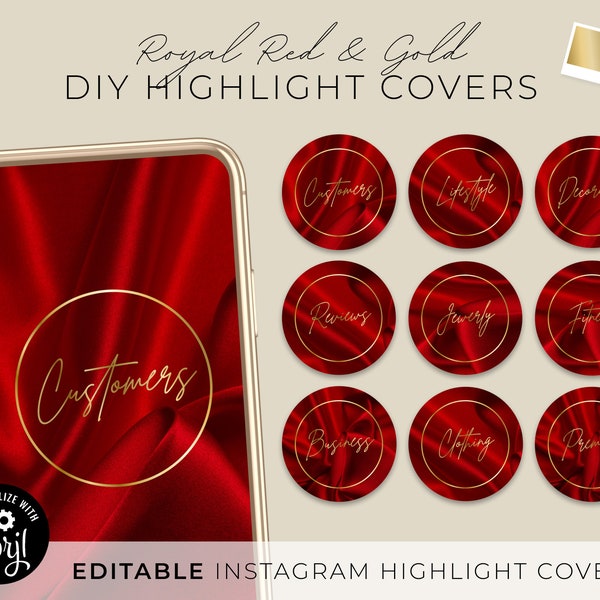 DIY Instagram Highlight Covers, Editable Red Silk Story Template, Custom Luxury Gold Script Text Ig Story Icon, Beauty Fashion Business