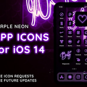 May include: Purple neon app icons for iOS 14. The icons are arranged in a grid on a black background. The icons include popular apps such as Safari, Netflix, Nike, Spotify, TikTok, Facebook, YouTube, Disney+, and Tinder.