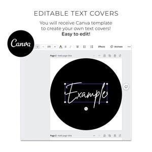 Puede incluir: Una plantilla de Canva para crear portadas de texto. La plantilla presenta un c&iacute;rculo negro con la palabra "Ejemplo" escrita en cursiva blanca.