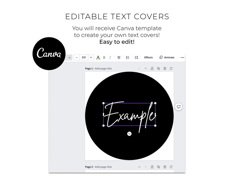 Puede incluir: Una plantilla de Canva para crear portadas de texto. La plantilla presenta un c&iacute;rculo negro con la palabra "Ejemplo" escrita en cursiva blanca.